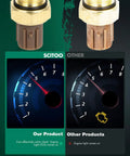 Two brown SCITOO coolant water temperature sensors with brass hex nuts; front-view side-by-side comparison graphic.