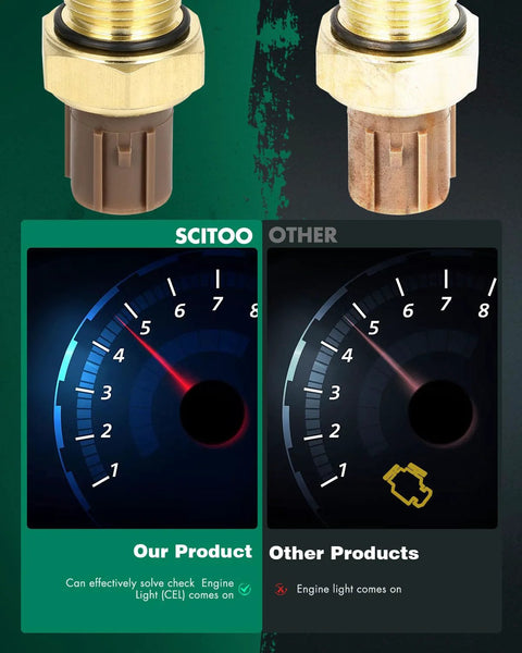 Two brown SCITOO coolant water temperature sensors with brass hex nuts; front-view side-by-side comparison graphic.