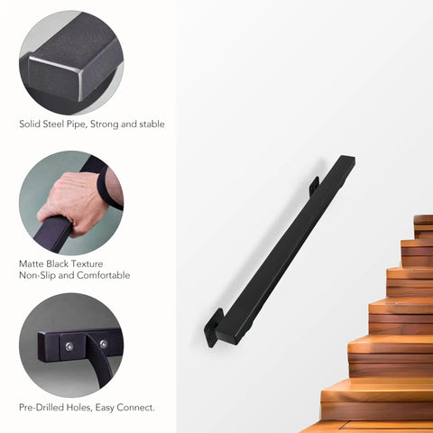 Heavy Duty 24 Inch Steel Stair Handrail Wall Mount Square Pipe Grab Bar For Indoor Outdoor Steps Deck Porch Rust Proof Iron Safety Rail Rock Solid Build To Keep Your Space Secure And Stepping Easy At Home, matte black finish.