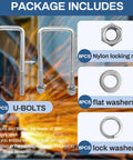 Package includes Four Sets Of 304 Stainless Steel Square U Bolts With Nuts And Washers, Half Inch Diameter By Three Inch Wide
