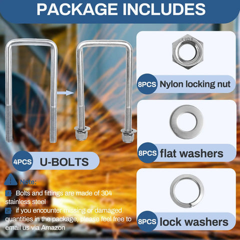 Package includes Four Sets Of 304 Stainless Steel Square U Bolts With Nuts And Washers, Half Inch Diameter By Three Inch Wide