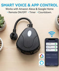 Take Command Of Your Patio Game With This Heavy Duty Outdoor Smart Power Strip, features a black power plug and app interface.
