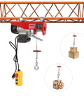 Heavy Duty 1763 Lbs Electric Winch Hoist With 39 Foot Lift Height And Pure Copper Motor, used for lifting boxes and logs.