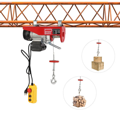 Heavy Duty 1763 Lbs Electric Winch Hoist With 39 Foot Lift Height And Pure Copper Motor, used for lifting boxes and logs.