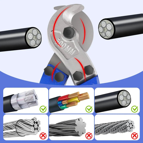 Industrial Grade 18 Inch Cable Cutters Heavy Duty T8 Alloy Steel Wire Cutters Built Tough For Crushing Copper And Aluminum Cables Easily With Rock Solid Hrc56 Blades cutting various wire types.