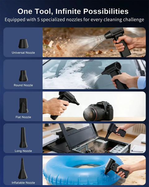 Rechargeable Electric Air Duster Blower For Keyboard, Camera, PC Vents, Car Interiors And Home With 5 nozzles in use