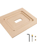Router Table Insert Plate Template Kit With MDF Routing Template And Threaded Inserts Plus Router Bits For 9-1/4 x 11-3/4 Standard Plates RTS020 Designed For Precise Fits Easy Install And Pro Grade Quality. MDF template and bits visible.