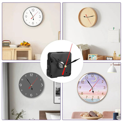 Multiple wall clocks showcasing Quartz Clock Movement Replacement Kit Battery Operated Mechanism With Short Shaft And 50mm Spade Hands.
