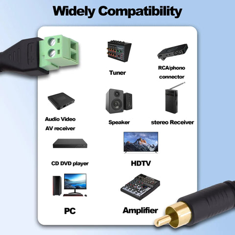 RCA Screw Terminal Block Adapter Cable Solderless Connector 2 Pin RCA Male To AV Extension showing compatibility with devices