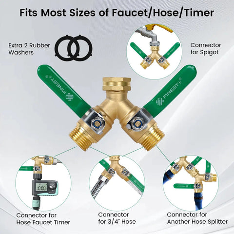 Diagram of Built Tough Heavy Duty Brass Garden Hose Splitter Two Way Y Valve With Stainless Steel Long Handle For Full Flow Water No Fuss Ball Valve Three Quarter Inch GHT Thread Durable Leak Free Connectors showing various connections including spigot, hose, and timer.