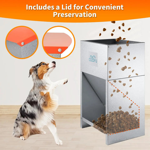 Heavy Duty Galvanized Dog Feeder Bowl Station For Indoor Outdoor Use With 25 Pound Gravity Fed Kibble Dispenser Built Like A Boss to feed pets.