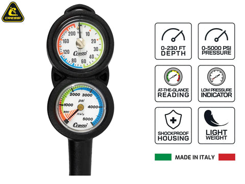 Rugged Analogic Console Built Tough For Scuba Diving With Imperial Mini SPG, Analog Pressure Gauge And Depth Gauge, Color Coded Readouts In Red Green Blue For Quick Reading, Compact Dual Gauge Module Up To 5000 PSI.