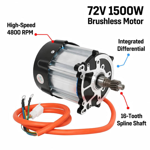 Heavy Duty 72V 1500W Brushless Differential Motor With Rock Solid Build And Kickass Torque, featuring 16-Tooth Spline Drive and integrated differential.