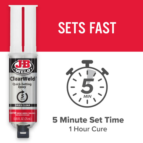 ClearWeld 5 Minute Set Epoxy Syringe, 25 ml, 1:1 Mix, featuring quick set and 1-hour cure time with a clear finish.