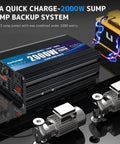 20A quick charge 2000W sump pump backup battery system with LED display, cables, and visible backup battery component.