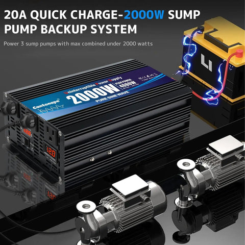 20A quick charge 2000W sump pump backup battery system with LED display, cables, and visible backup battery component.