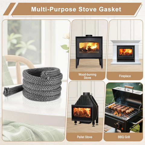 Wood stove gasket rope coil, grey, 1in x 86in; fiberglass door seal; collage shows wood stove, pellet stove, fireplace.