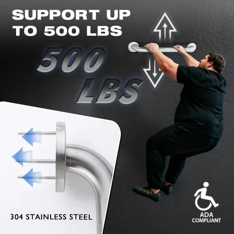 12 Inch Shower Grab Bar Heavy Duty 304 Stainless Steel Handrail Anti Slip Wall Mount For Bathroom Safety Rust Proof Rugged Support Handle Up To 500 Lbs Stable Grip For Seniors And Mobility Needs with a person using it for support.