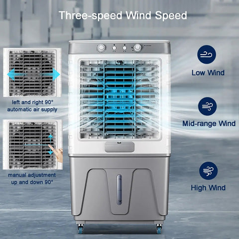 Heavy Duty Evaporative Air Cooler 8600 CFM Portable Swamp Cooler features three-speed wind controls and 90° automatic air supply.