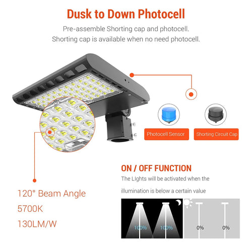 LED Stadium Flood Light Outdoor 30 Degree Beam Kickin' Bright 75000 Lm 5000K Daylight White shown with dusk-to-down photocell