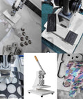 Heavy Duty Manual Die Cutting Press 1 Ton Benchtop Flatbed Workhorse used for stamping leather and metal shapes in a craft workspace.