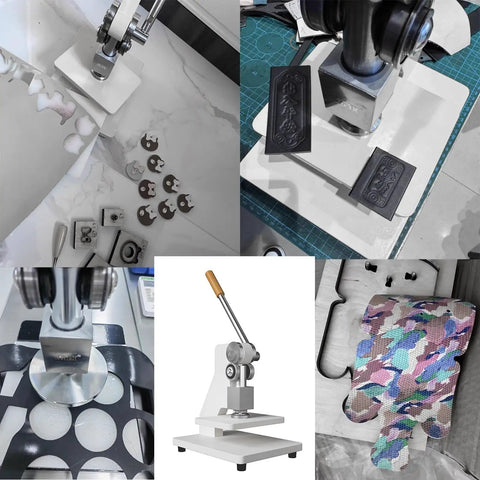 Heavy Duty Manual Die Cutting Press 1 Ton Benchtop Flatbed Workhorse used for stamping leather and metal shapes in a craft workspace.