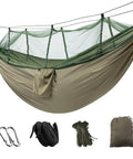 Heavy Duty Camping Hammock With Built-In Mosquito Net, 500 Lb Capacity, showing 210T nylon fabric, net, and accessories