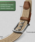 Men's Golf Belt Braided Woven Stretch Belt Multi Pack Gift Ready Casual Jeans Sports And Work Fully Adjustable With Direct Lock In Strap For All Day Comfort Beige And Dark Gray Color Options 1 3 Eighths Inch Waist Fits 36 To 40 Inches close-up showing direct lock buckle and braided design.