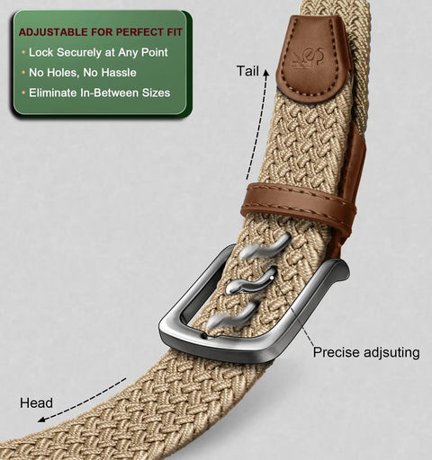 Men's Golf Belt Braided Woven Stretch Belt Multi Pack Gift Ready Casual Jeans Sports And Work Fully Adjustable With Direct Lock In Strap For All Day Comfort Beige And Dark Gray Color Options 1 3 Eighths Inch Waist Fits 36 To 40 Inches close-up showing direct lock buckle and braided design.