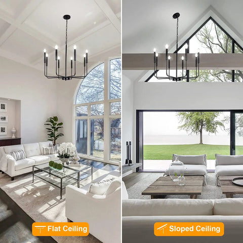 8 Light Matte Black Farmhouse Chandelier With Adjustable Height For Dining Room Living Room Kitchen Island And Bedroom, Classic Candle Stem Design, Industrial Rustic Ceiling Light Fixture installed on flat and sloped ceilings