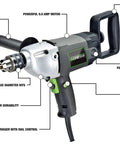 Heavy Duty 9.0 Amp Variable Speed Drill With Lock-On Button Three-Position Auxiliary Handle Two-Position Spade Handle 1/2-In Chuck