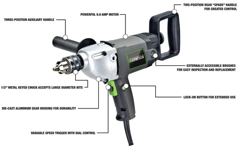 Heavy Duty 9.0 Amp Variable Speed Drill With Lock-On Button Three-Position Auxiliary Handle Two-Position Spade Handle 1/2-In Chuck
