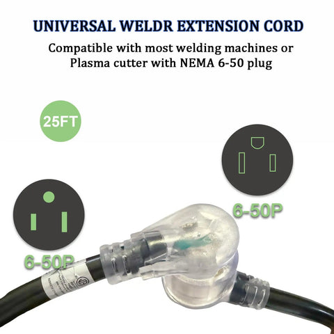 Beefy 25 Foot Welder Extension Cord 220V 40A 8 Gauge NEMA 6 50 Industrial Welding Cord With Lighted End For Mig And Tig Machines ETL Listed