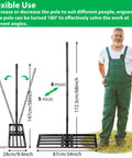 Lawn Leveling Rake 34x9.4 Inch Stainless Steel Leveler With 68 Inch Reach shown with ergonomic handle and measurements.