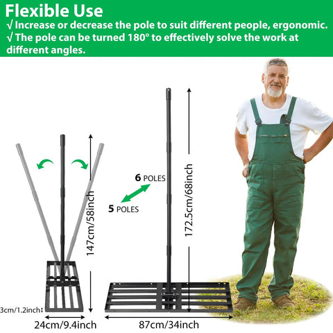 Lawn Leveling Rake 34x9.4 Inch Stainless Steel Leveler With 68 Inch Reach shown with ergonomic handle and measurements.