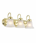 Riviera Three Light Bath Light In Polished Brass 18 Inch Wide 8 Inch High classic fixture with alabaster glass shades
