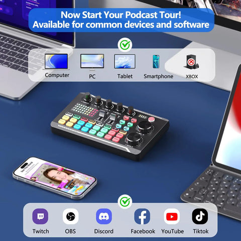 Pro Audio Mixer With F988 Live Sound Card And DSP Dual Chips, Bluetooth Ready, compatible with multiple devices on desk setup.