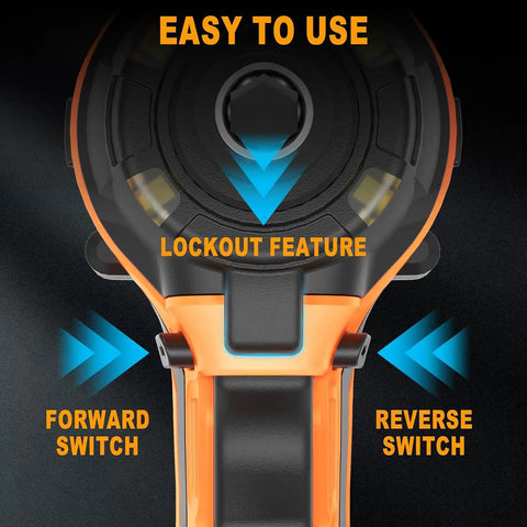 Cordless Impact Driver Tool Only With A Beast Brushless Motor 2300 Inch Pounds Torque Four Speed Settings One Fourth Inch Chuck Lightweight With LED Light Includes Tool Bag Compatible With DeWalt 20V Max Battery showing control buttons and lockout feature