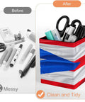 Puerto Rico Flag Pen Holder Desk Organizer with PU Leather Finish showing tidy pens and brushes after organization