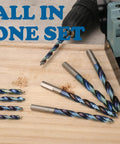 19 Piece Cobalt Stepped Point Drill Bit Set Turbo HSS Impact Step Drill Bits on wooden surface near drill