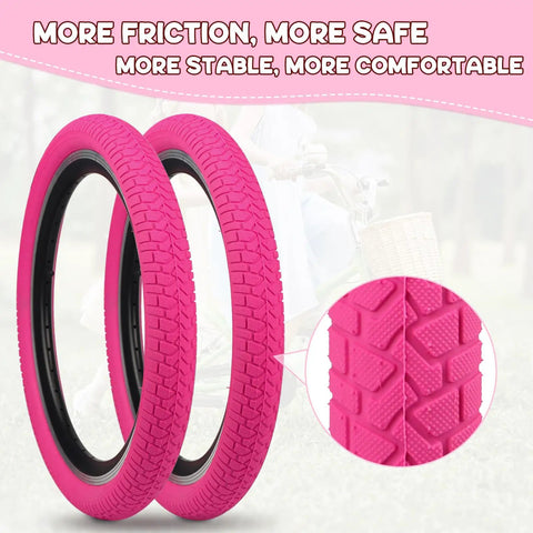 20 Inch Bike Tire Set 2 Pack 2.125 Inch Wide Folding Bead Replacement Tires With Inner Tubes For 20 Inch Bicycles MTB And BMX Magenta Color Includes Two Tubes And Tire Prying Levers