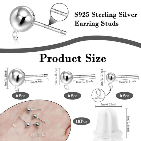 Sterling Silver Earring Posts For DIY Jewelry Making Pro Grade 3 Sizes S925 Ball Post Studs With Loop And Clear Earring Backs Hypoallergenic Ear Findings Kit Bundle For Jewelry Crafting And Bead Work, 5mm stud size