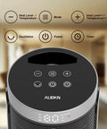 Top view of Small Portable Indoor Space Heater With Thermostat And Remote Seventy Degree Oscillation 12 Hour Timer Five Modes 1500W PTC Ceramic Fast Safe Heat Cozy Up Fast For Office Bedroom And Home showing control panel with digital display.