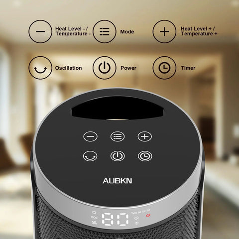 Top view of Small Portable Indoor Space Heater With Thermostat And Remote Seventy Degree Oscillation 12 Hour Timer Five Modes 1500W PTC Ceramic Fast Safe Heat Cozy Up Fast For Office Bedroom And Home showing control panel with digital display.
