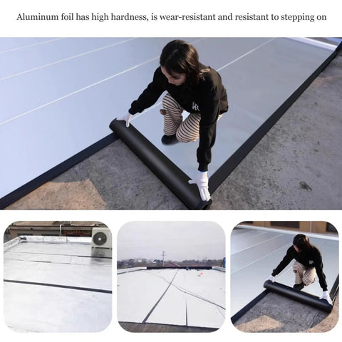 Woman applying Tough As Nails Bitumen Waterproof Tape With Sturdy Aluminum Foil Backing for rooftop sealing.