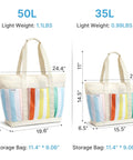 Comparison of 50L and 35L waterproof beach tote for women with large capacity foldable sandproof design rainbow stripe design.