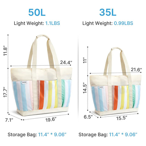 Comparison of 50L and 35L waterproof beach tote for women with large capacity foldable sandproof design rainbow stripe design.