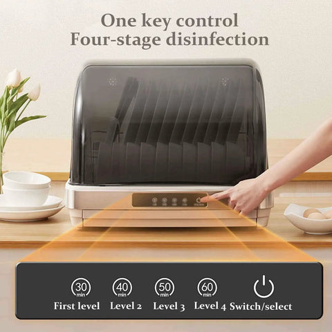 Savage Clean 42L Portable Desktop Tableware Sanitizer Cabinet With Four Speed UV Drying And Hot Air Cycle For Kitchen Countertop shows control panel.