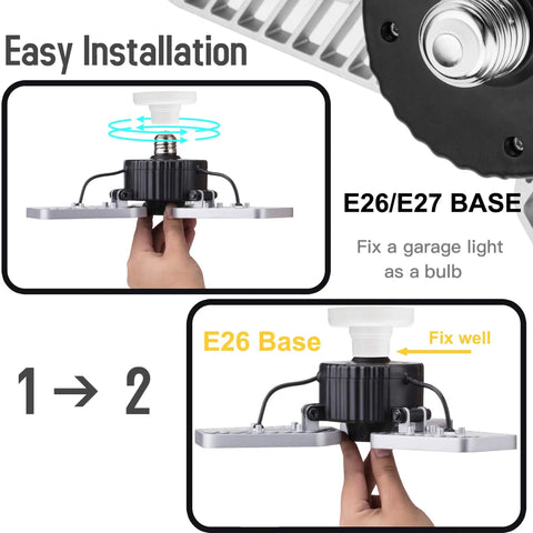 Instruction panel showing easy installation of 2-Pack LED Garage Lights With Adjustable Trilights, 6500 Lumens, E26/E27 Base