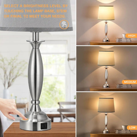 Touch Bedside Lamps Two Pack With USB C and USB A Ports, 3 Way Dimmable Nightstand Lamps in Brushed Nickel for Bedroom and Living Room.